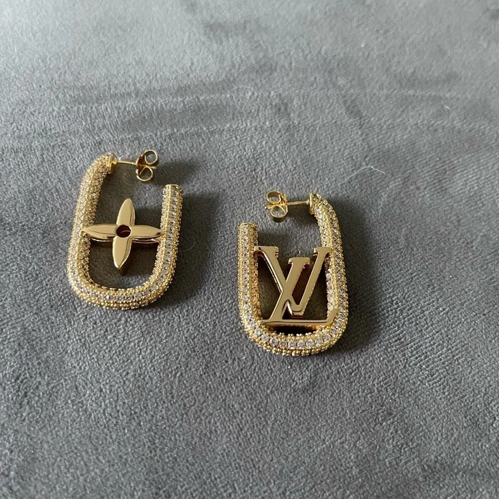 Open U Shaped LV Earrings w/Bling